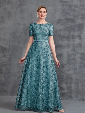 Elegant Teal Embroidered A-Line Evening Dress